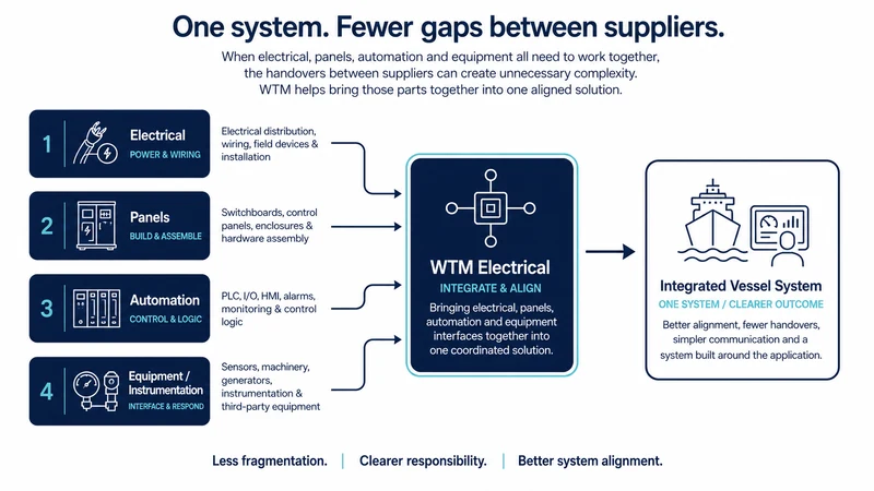 Diagram: One system. Fewer gaps between suppliers. Four layers: Electrical (Power & Wiring), Panels (Build & Assemble), Automation (Control & Logic), and Equipment/Instrumentation (Interface & Respond). These converge through WTM Electrical (Integrate & Align) into an Integrated Vessel System (One System / Clearer Outcome). Tagline: Less fragmentation. Clearer responsibility. Better system alignment.